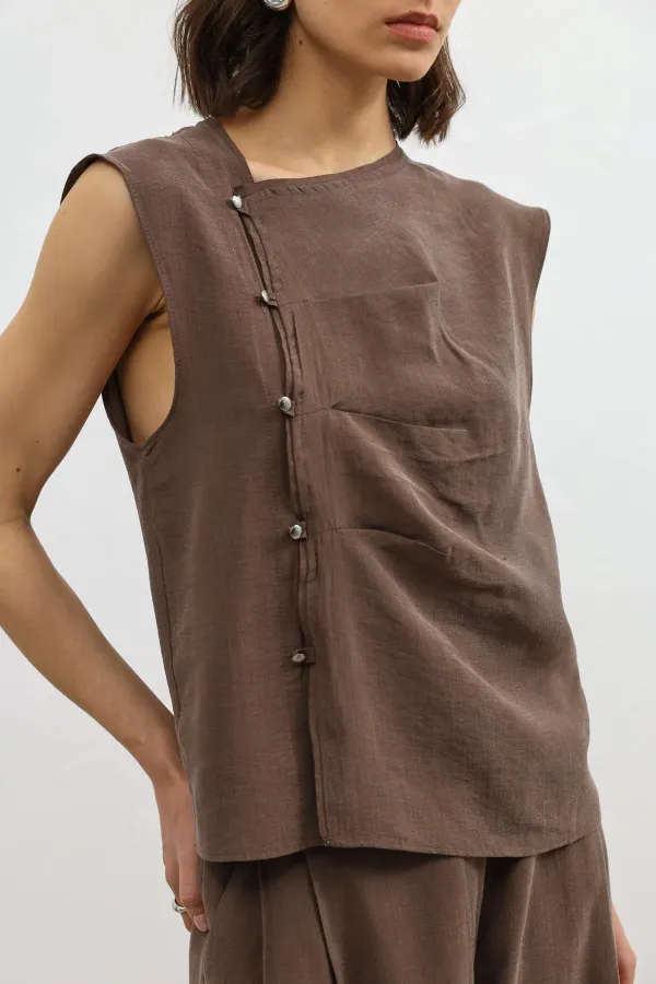 Antioch Coffee Lyocell Blend Buttoned Women's Top