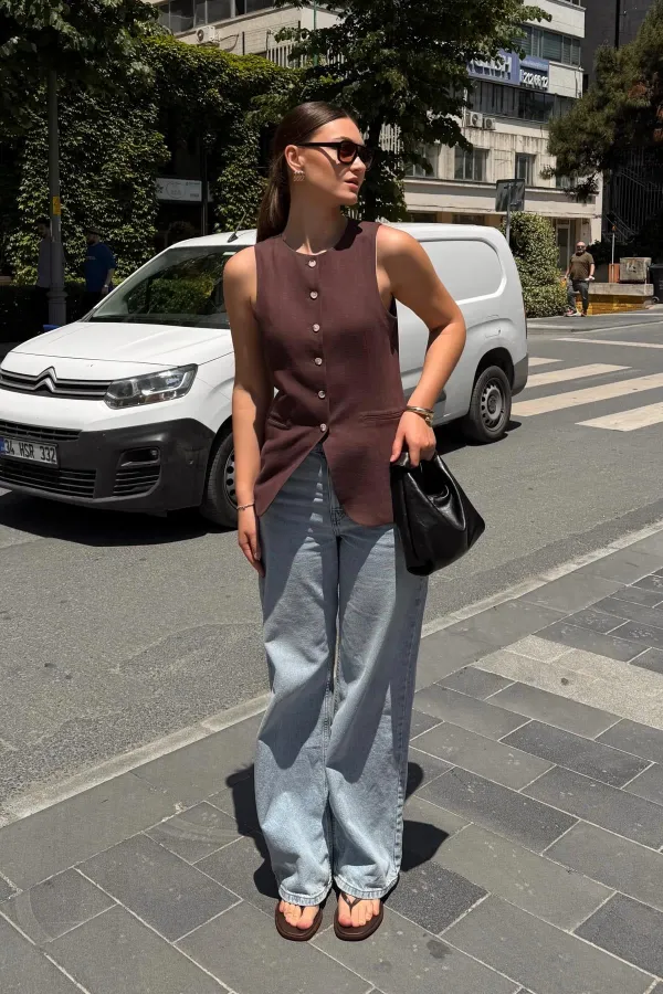 Antioch Coffee Linen Blend Women's Long Vest