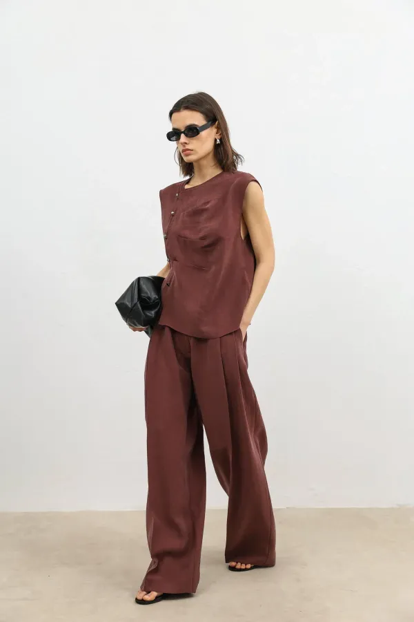 Antioch Burgundy Lyocell Blend Buttoned Women's Top