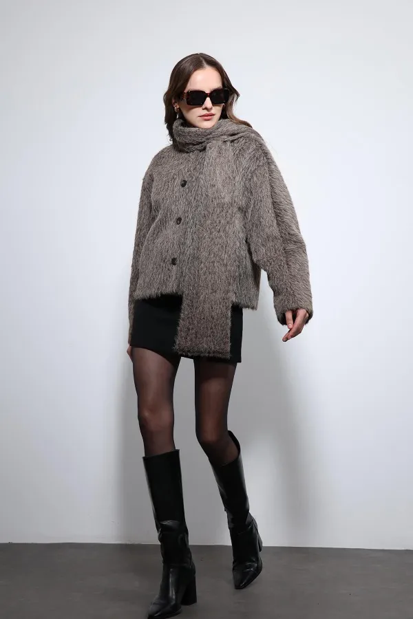 Antioch Açık Kahve Atkı Yaka Suni Kürklü Kaban