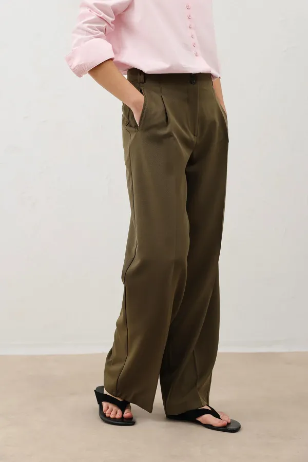 Antioch Khaki Women's Wide Leg Trousers with Pens Detail