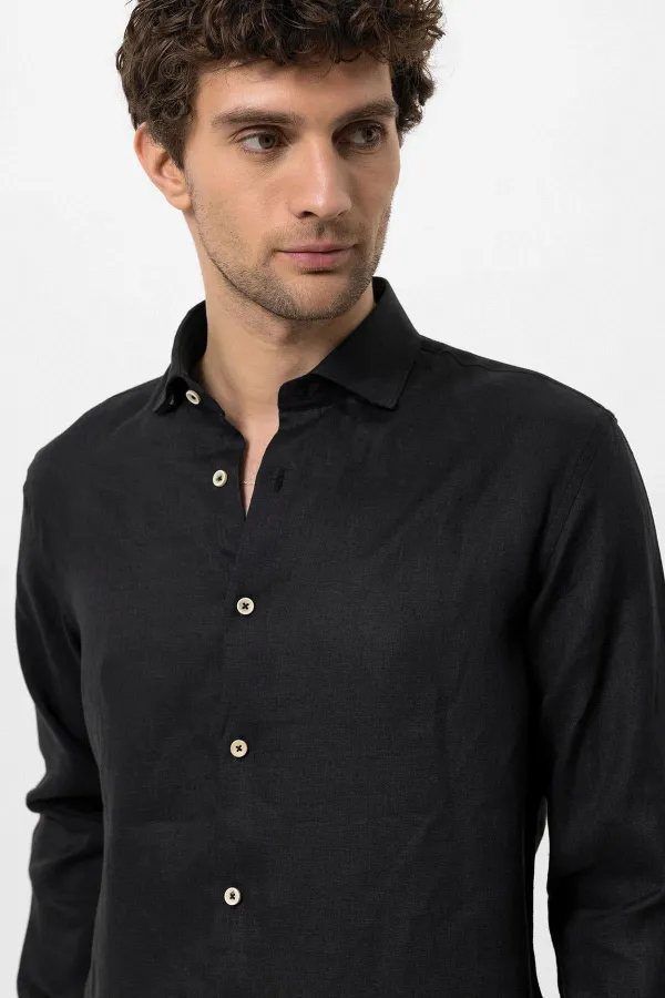 Antioch Black Collar Button Detail 100% Linen Men's Shirt