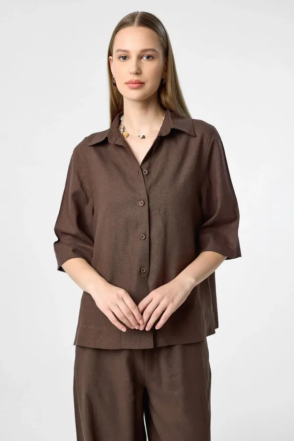 Antioch Kahve Keten Karışımlı Kadın Gömlek