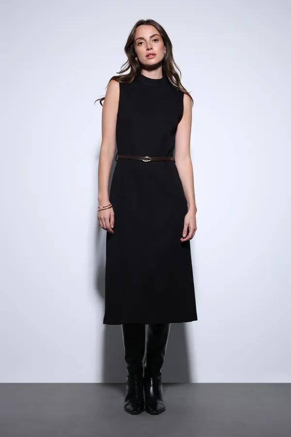 Antioch Black Women's Midi Dress with Belt Detail