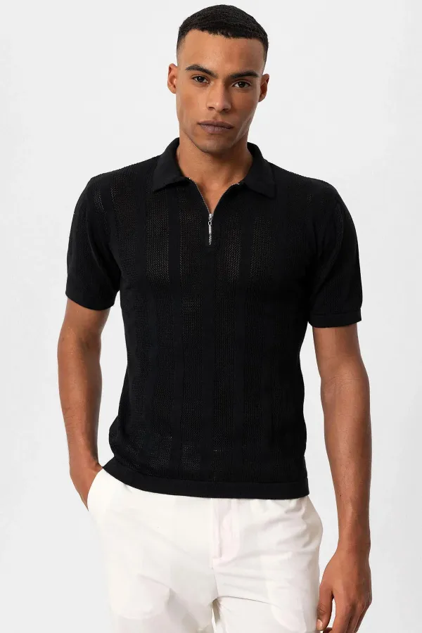 Antioch Black Polo Collar Zip-Up Knitted Men's T-Shirt