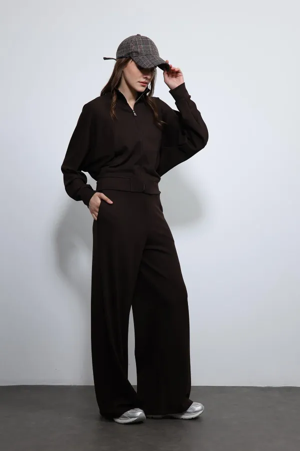 Antioch Kahve Geniş Paça Çizgili Eşofman Takım