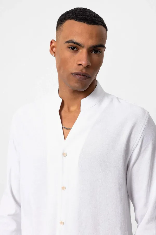 Antioch White Mandarin Collar Long-Sleeved Men's Shirt