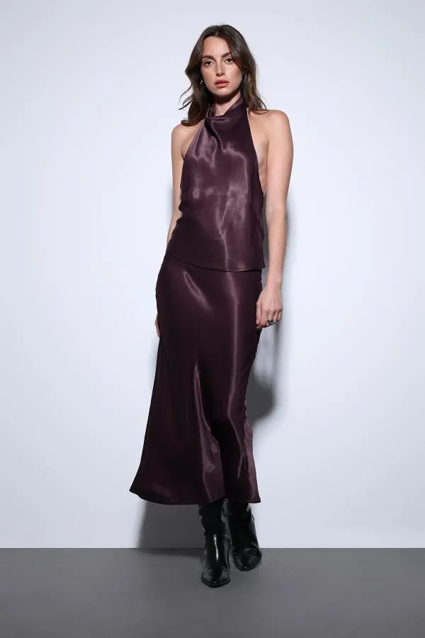 Jupe midi en satin bordeaux Antioch