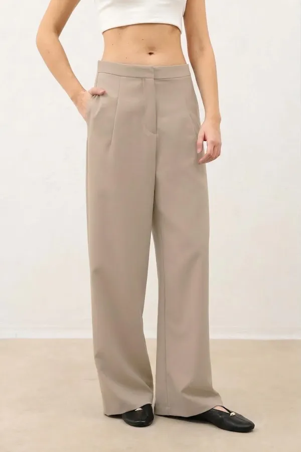 Antioch Beige Wide Leg Women's Trousers with Darts