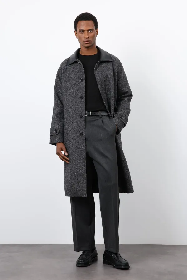 Antioch Black Wool Blend Contrast Collar Men's Coat