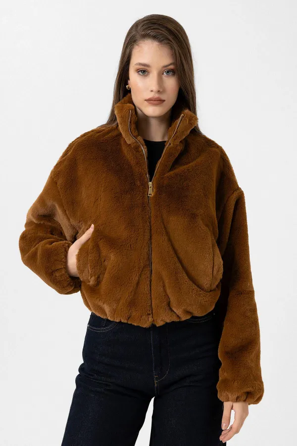 Manteau en fausse fourrure pour femme Antioch Coffee avec taille élastique