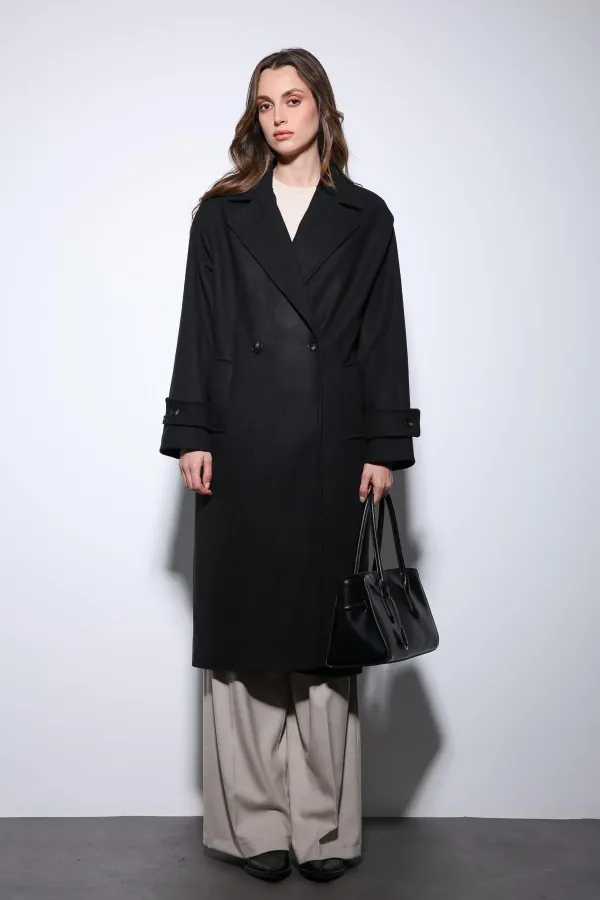 Antioch Siyah Kadın Yumuşak Dokulu Oversize Kruvaze Kaban