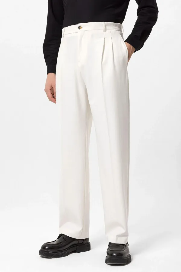 Pantalon Antioch écru à taille haute plissé et coupe décontractée pour homme