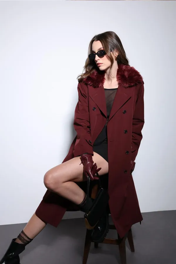 Antioch Burgundy Faux Fur Collar Women's Trench Coat