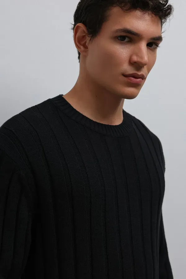 Antioch Siyah 100% Pamuk Fitilli Erkek Kazak