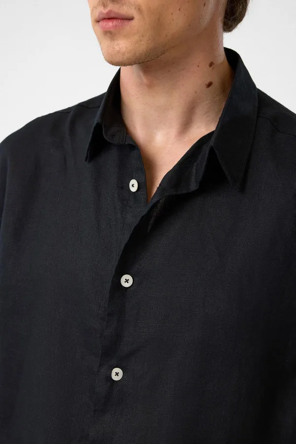 Antioch Siyah 100% Keten Relaxed Erkek Gömlek