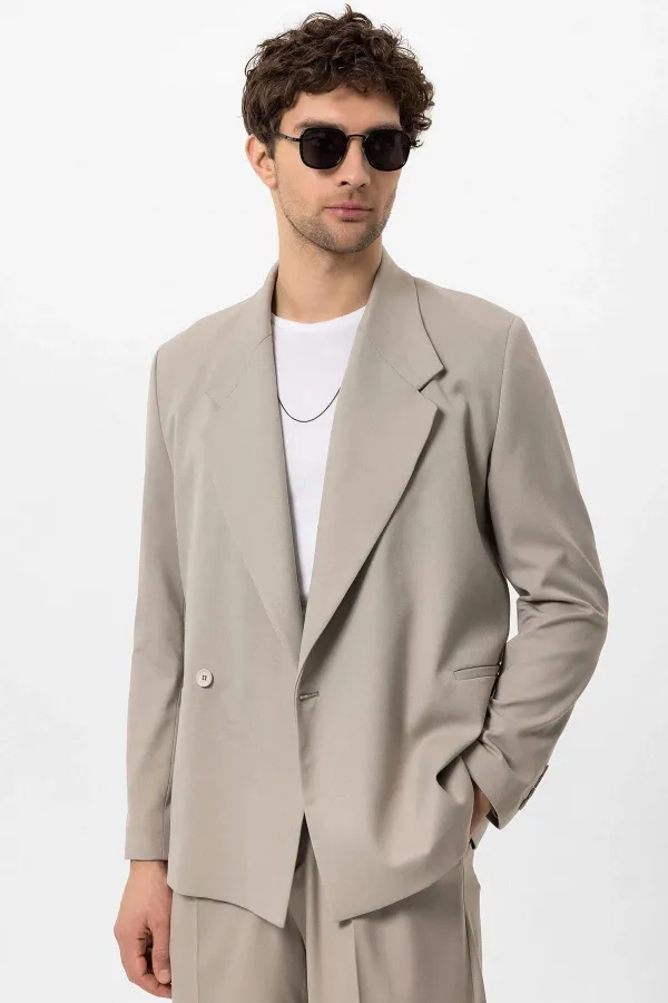 Antioch Beige Double-Breasted Men's Blazer Jacket with Welt Pockets