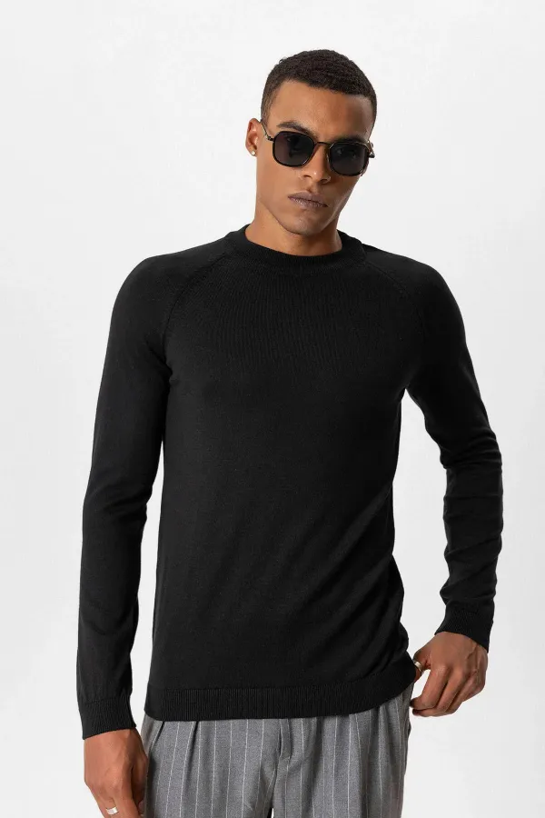 Antioch Black Crew Neck Slim Fit Knit Sweater