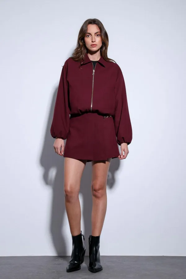 Antioch Burgundy Pleated Short Skirt with Chain Detail
