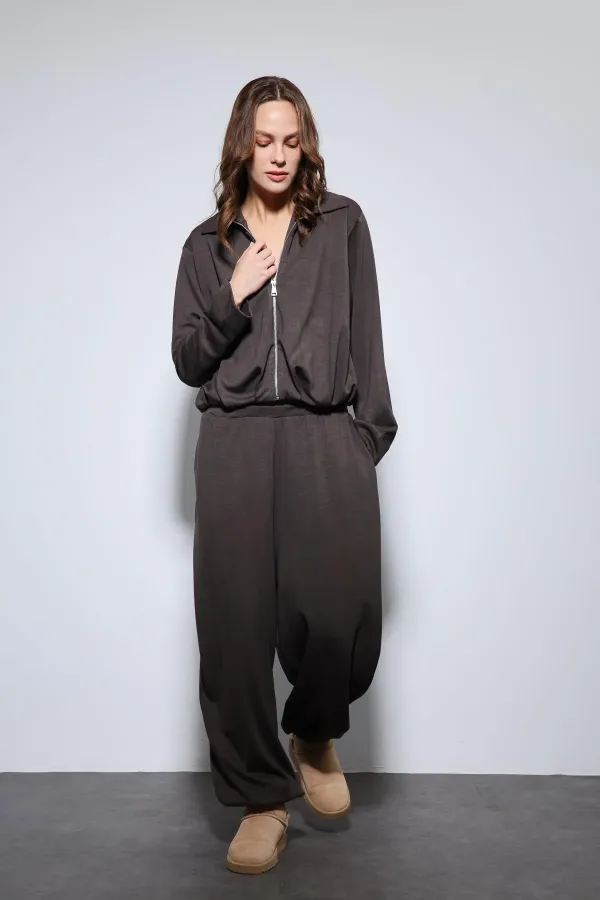 Antioch Kahve Volümlü Ceket Ve Paça Lastikli Eşofman Takım