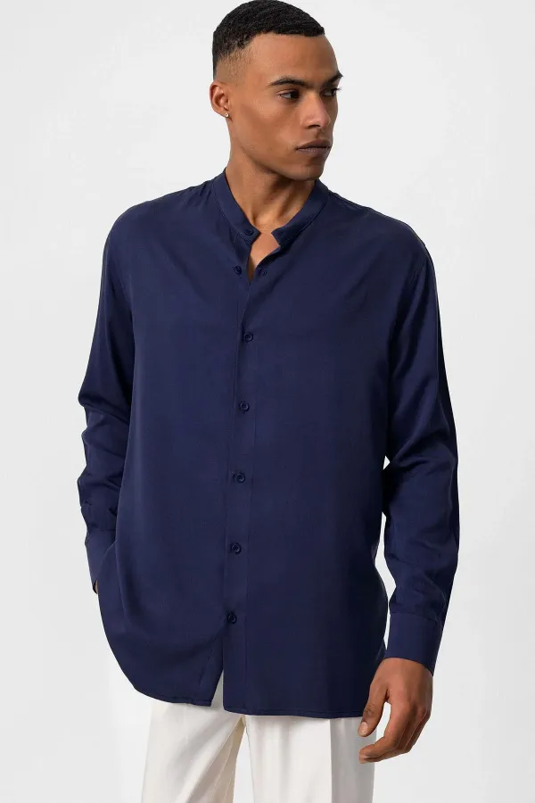 Antioch Light Navy Blue Mandarin Collar Regular Fit Men's Shirt