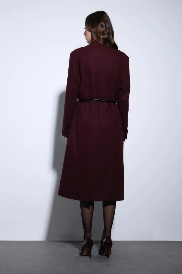 Antioch Bordo Kemerli Kruvaze Kadın Kaban