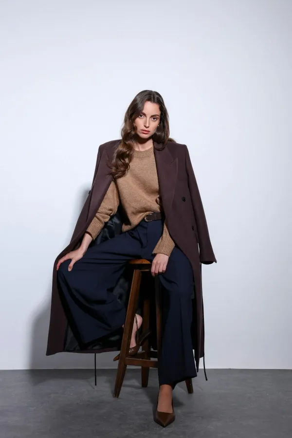 Antioch Lacivert Pileli Geniş Kadın Pantolon