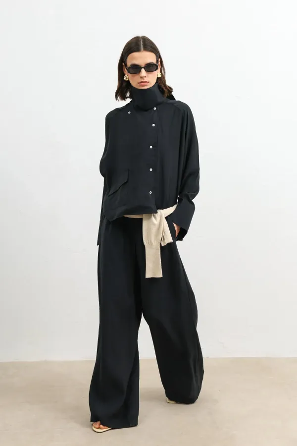 Antioch Siyah Özel Dik Yaka Kadın Gömlek
