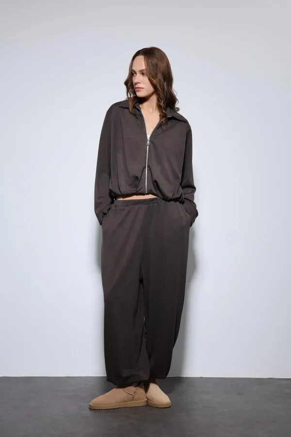 Antioch Kahve Volümlü Ceket Ve Paça Lastikli Eşofman Takım