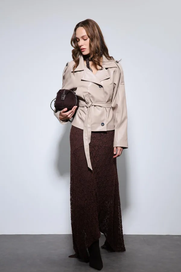 Manteau en similicuir beige Antioch avec ceinture