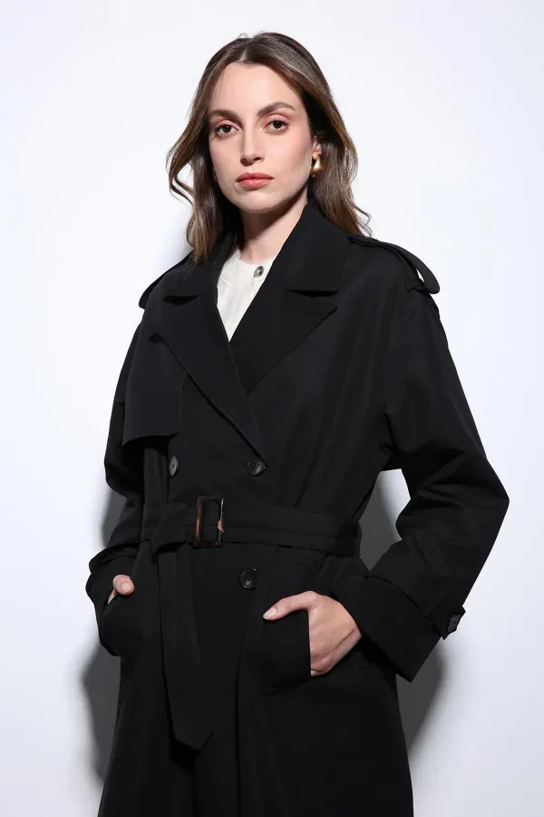 Antioch Black Double-Breasted Belted Women's Trench Coat