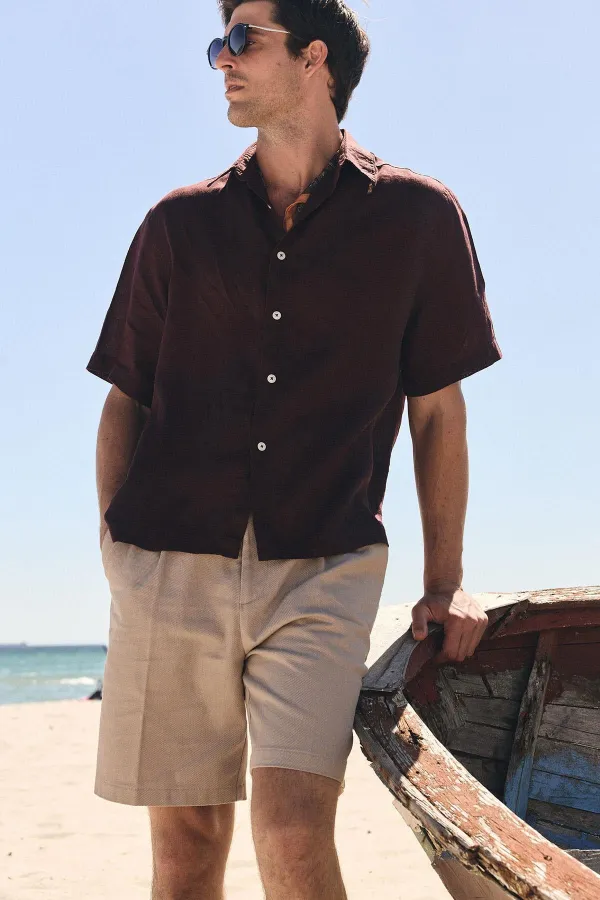 Antioch Kahve 100% Keten Relaxed Erkek Gömlek