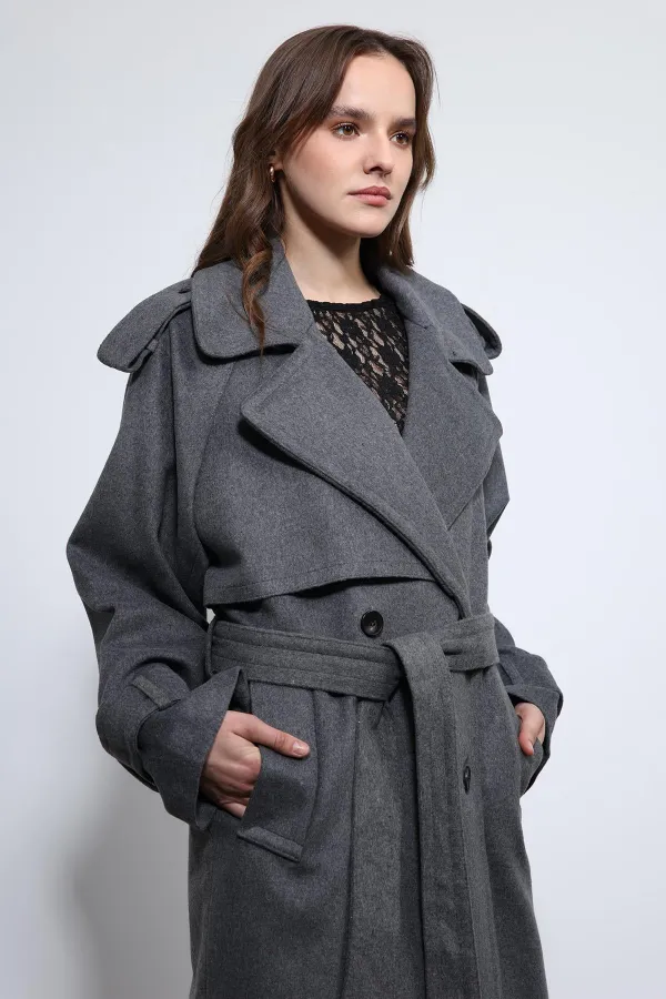 Antioch Antrasit Oversize Kemerli Kaban