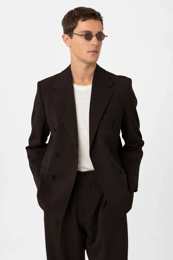 Antioch Koyu Kahve Relax Fit Kruvaze Erkek Blazer Ceket