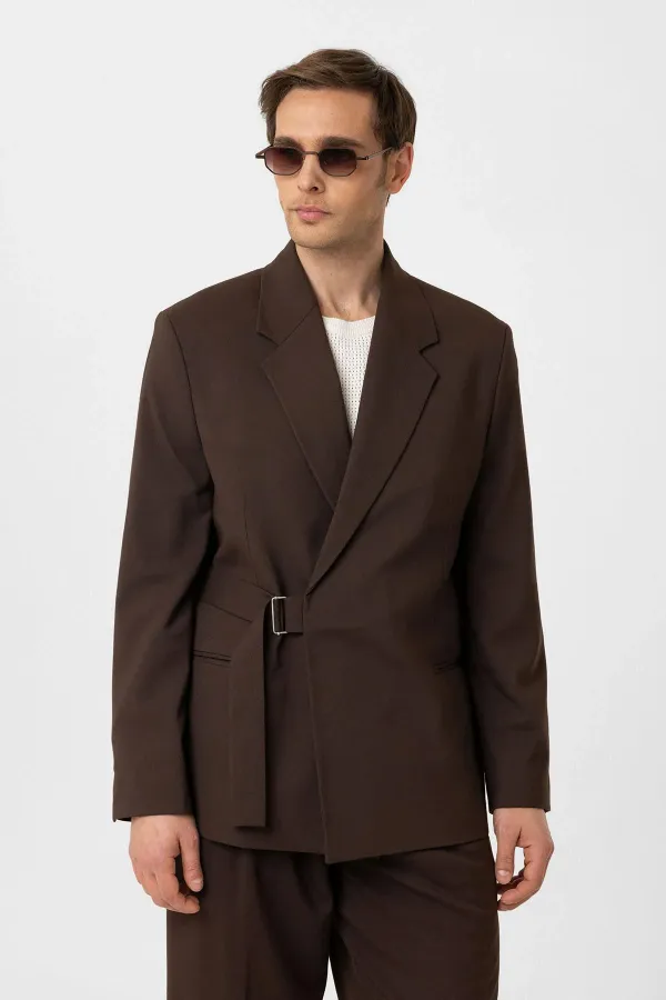 Antioch Kahve Kuşaklı Relax Fit Erkek Blazer Ceket