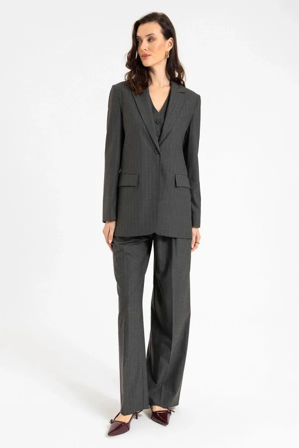 Antioch Anthracite Women's Single Button Striped Blazer Jacket