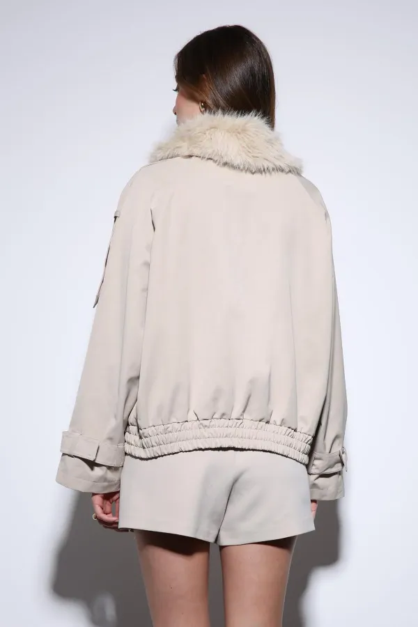 Antioch Bej Suni Kürklü Kısa Kadın Trençkot