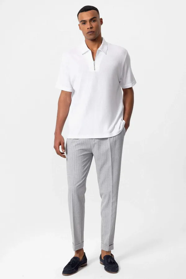 Antioch Beyaz Polo Yaka Fermuarlı Erkek T-Shirt