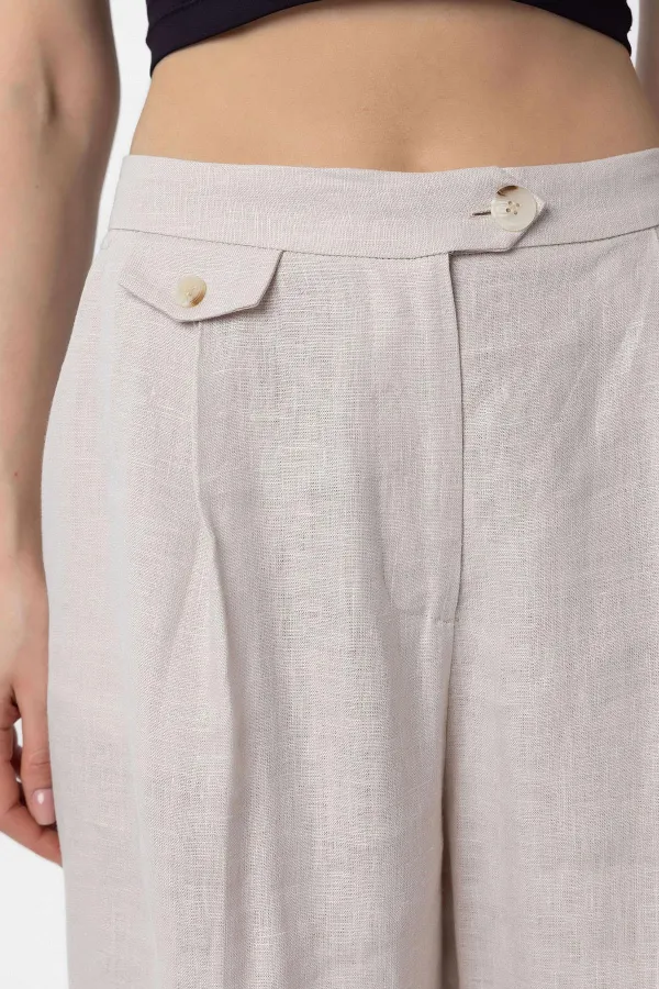 Antioch Bej 100% Keten Yüksek Bel Pilili Kadın Pantolon