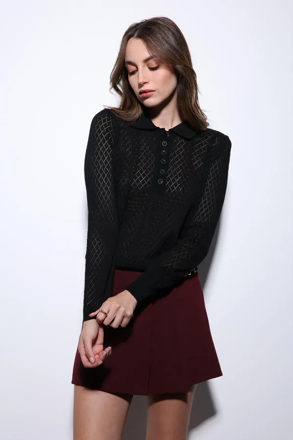 Antioch Siyah Polo Yaka Desenli Triko Kadın Kazak