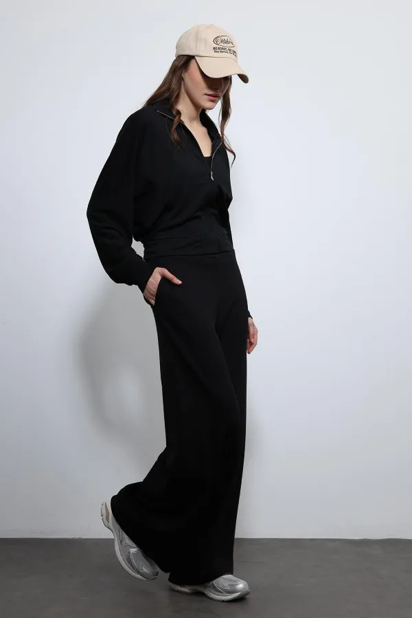 Antioch Siyah Geniş Paça Çizgili Eşofman Takım