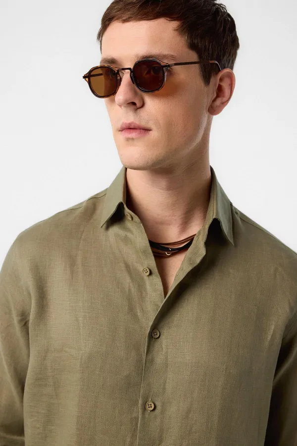 Antioch Khaki 100% Linen Comfort Fit Men's Shirt