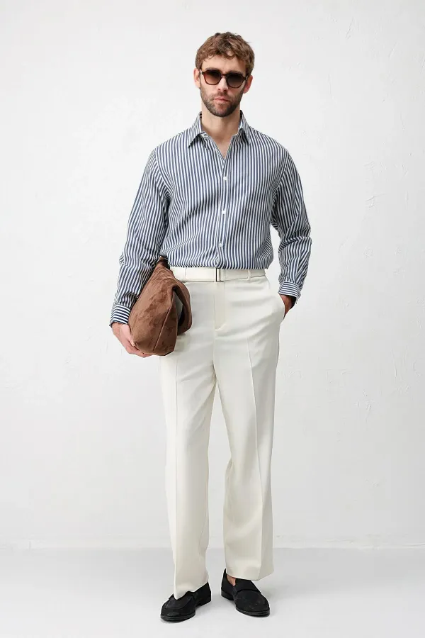 Chemise rayée Antioch bleu marine en mélange lyocell, coupe décontractée, pour homme