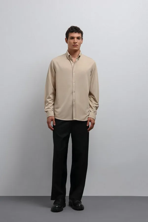 Antioch Bej Düğmeli Yaka Relax Fit Erkek Gömlek