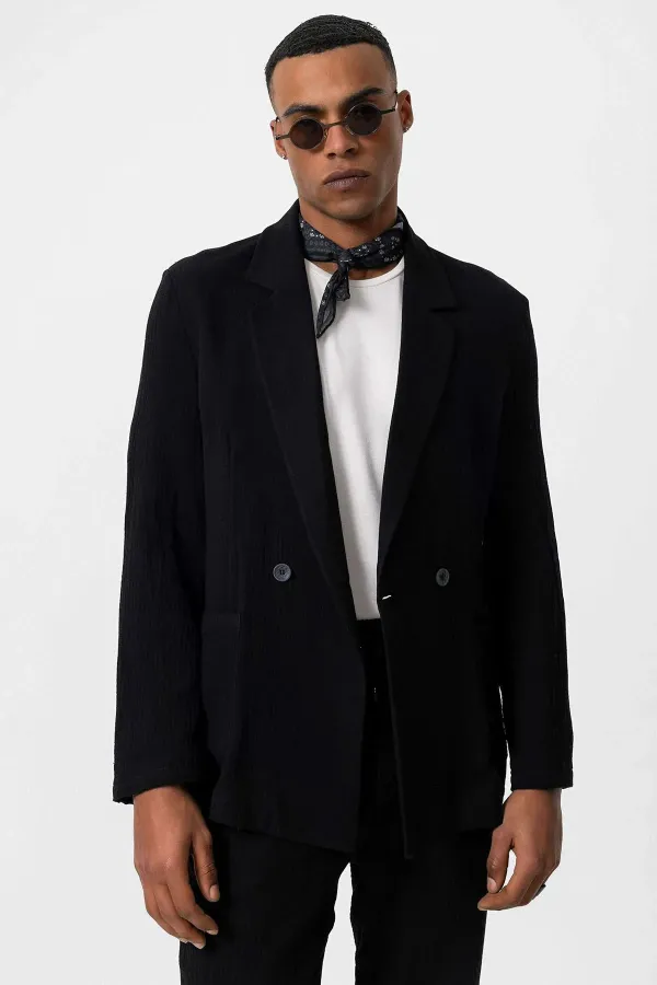 Antioch Black Double-Breasted Unlined Men's Blazer Jacket