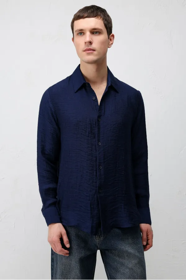 Antioch Navy Blue Crinkled Relax Fit Men's Shirt