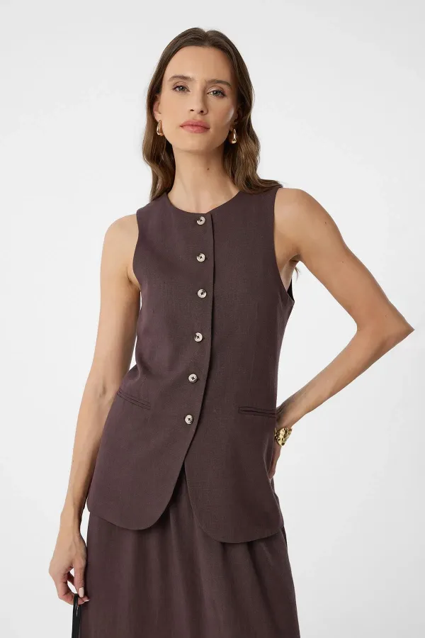 Antioch Coffee Linen Blend Women's Long Vest