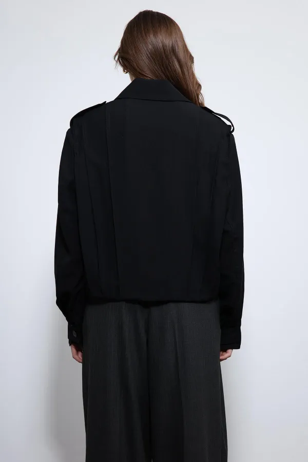 Antioch Black Pleated Detail Stand Collar Coat