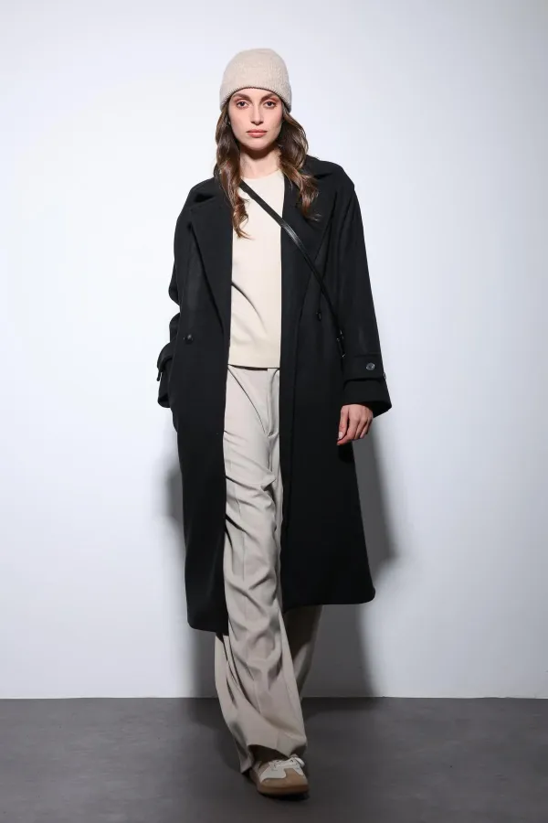 Antioch Siyah Kadın Yumuşak Dokulu Oversize Kruvaze Kaban