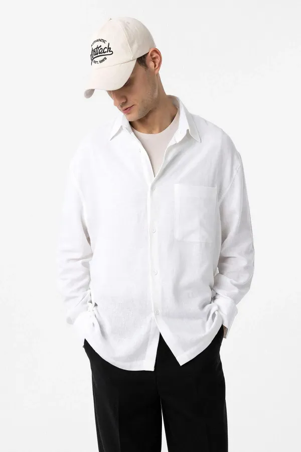 Antioch Beyaz Keten Karışımlı Relax Fit Erkek Gömlek